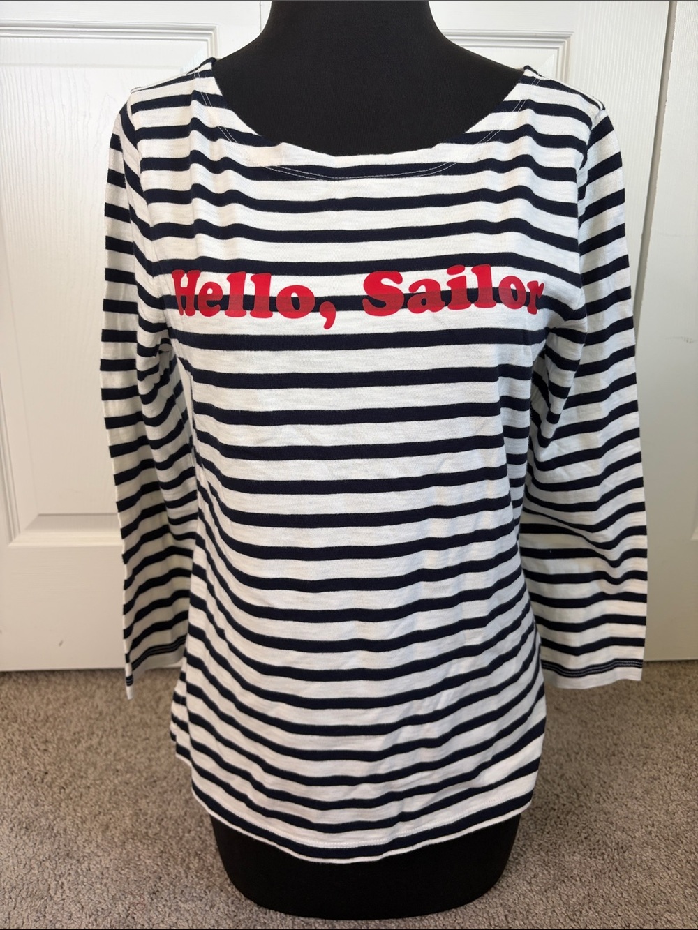 J Crew "Hello, Sailor" In Red Navy White Striped Boat Neck Nautical Cotton Top S